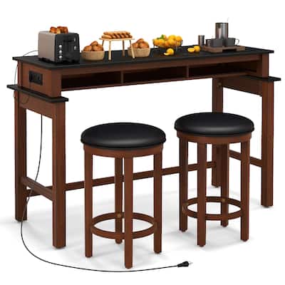 Gymax 3-Piece Home Bar Set Counter Height Bar Table w/ 2 Upholstered