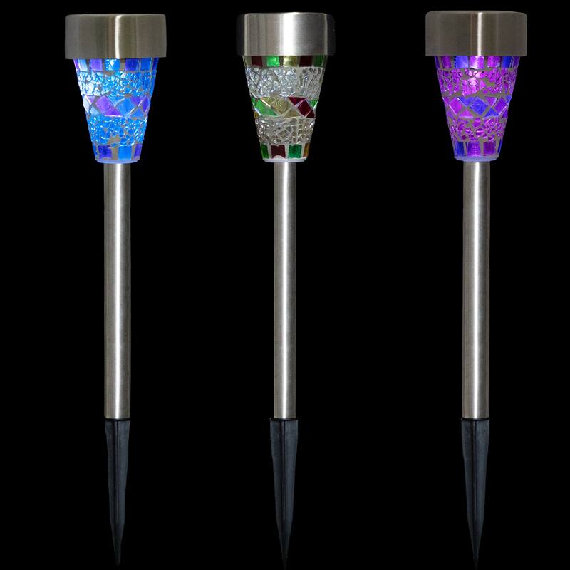 Set of 3 Mosaic Stained Glass Solar Powered LED Pathway Markers 15.5"