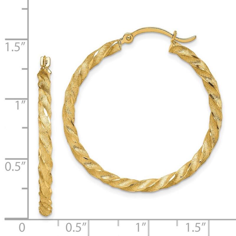 Curata 14k Yellow Gold Twisted Satin Sparkle Cut Hoop Earrings - 33.5x2.8mm