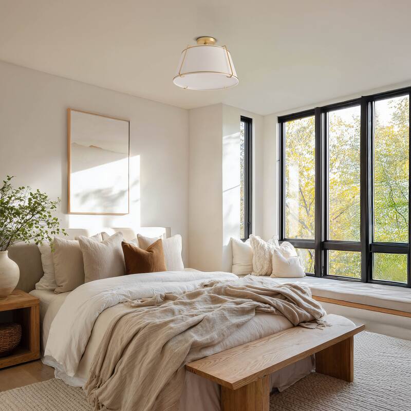 Crest Semi-Flush Mount - Metal, Fabric & Gold, Ivory White Ceiling Light for Bedroom or Hallway in Modern, Transitional Style