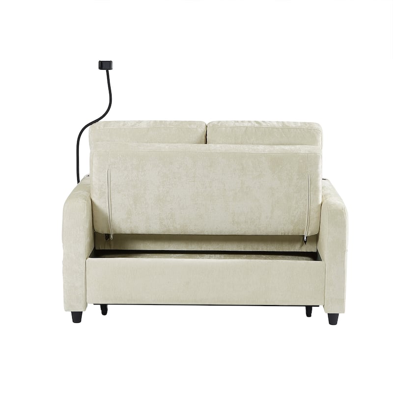 53.9" Chenille Convertible Loveseat with Pull-Out Bed, 3 USB Ports, and Smart Storage