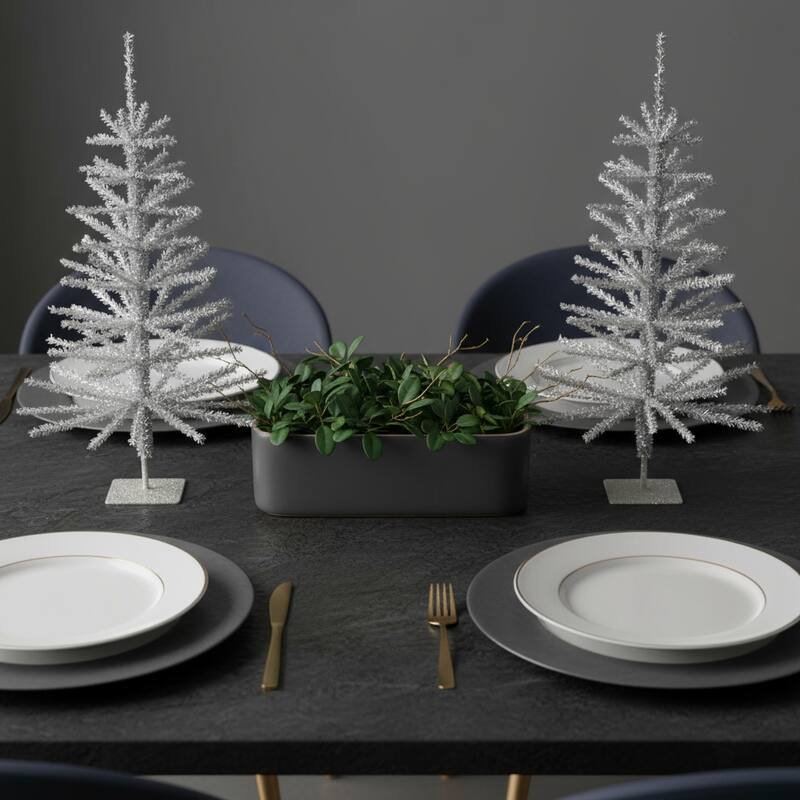 HomeRoots Set Of Two Silver Tinsel Sparse Pine Christmas Trees - 12.00 in. x 23.25 in. x 12.00 in. - Silver - 2 Foot