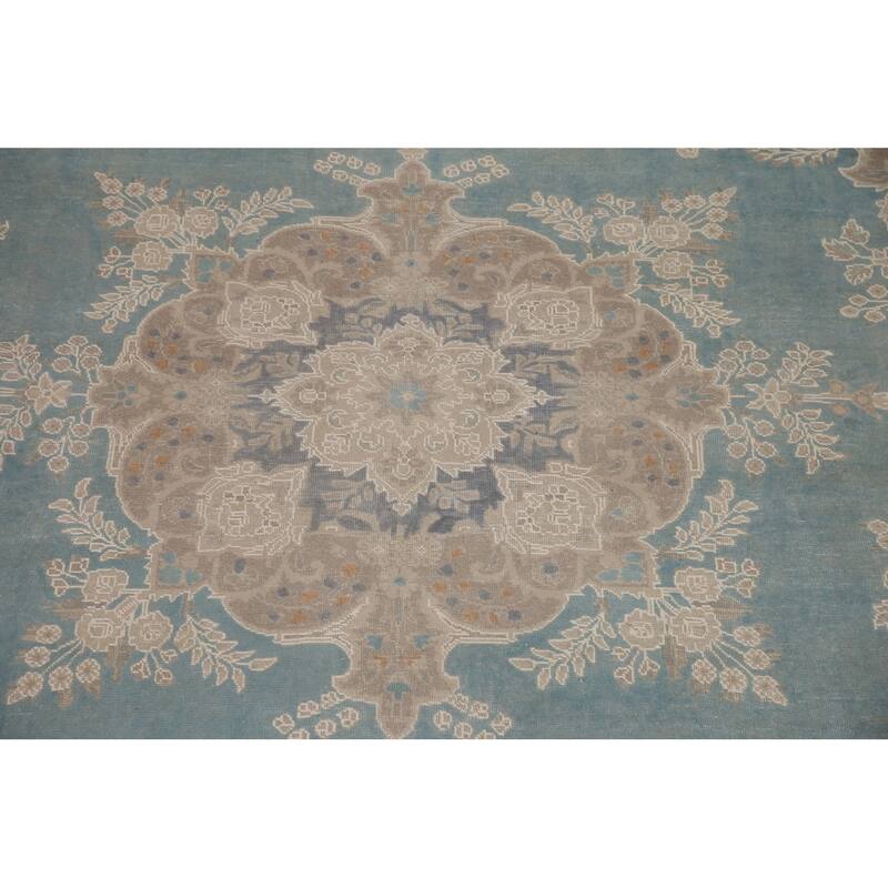 Hand Knotted Oriental 100% Wool Carpet Traditional Floral Navy Blue & Blues Tabriz Area Rug - 13' 0'' X 9' 8''