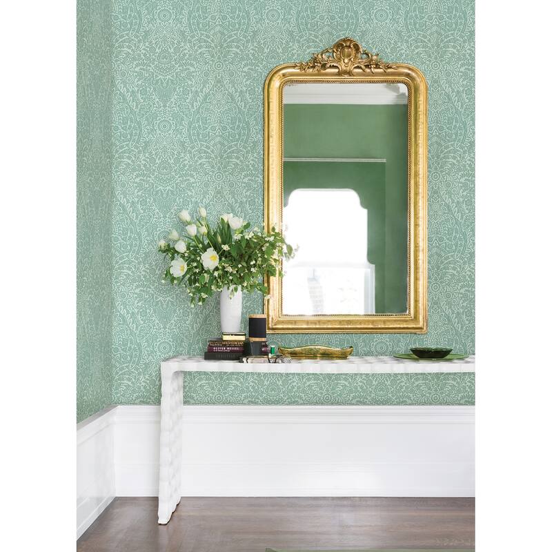 A-Street Prints Maris Mint Flock Damask Wallpaper