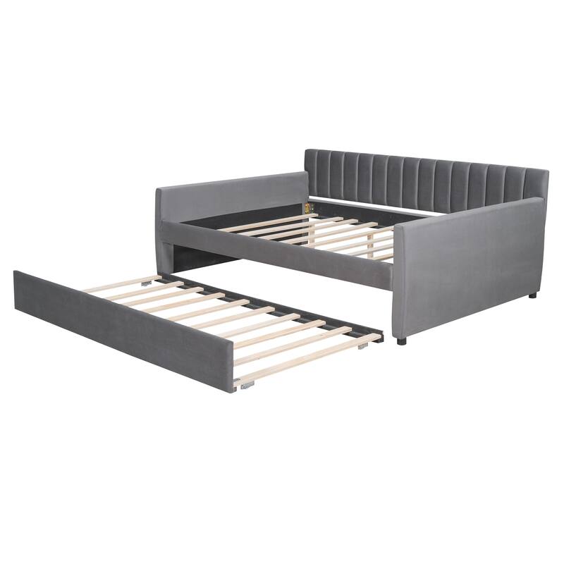 Elegant Velvet Upholstered Daybed, Full Size with Trundle, Sturdy Wood Slat Frame, Easy Assembly