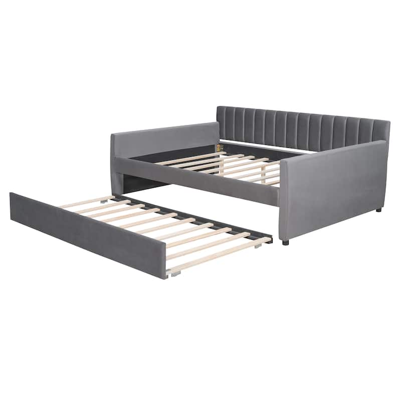 Full Velvet Daybed with Trundle & Wood Slats