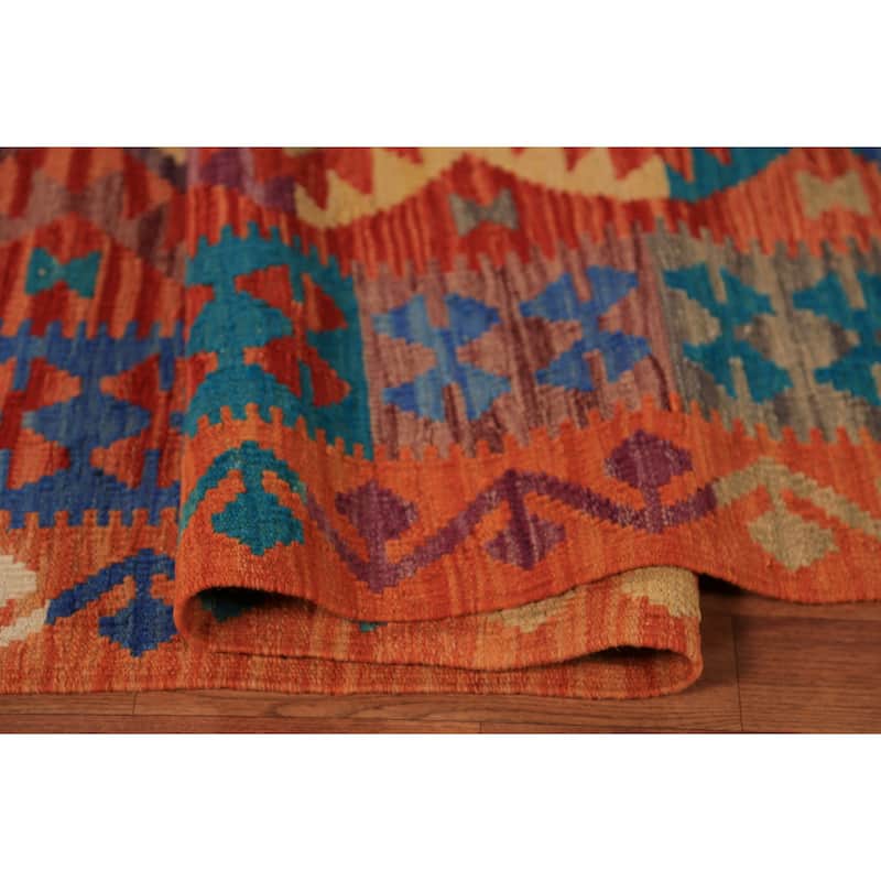 Geometric Trellis Kilim Oriental Area Rug Flatweave Orange Wool Carpet - 8'6"x 11'5"