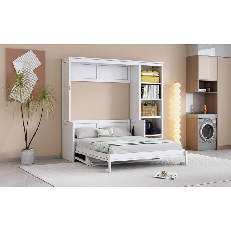 Space-Saving Full Size Murphy Bed with Integrated Desk and Bookshelf in White