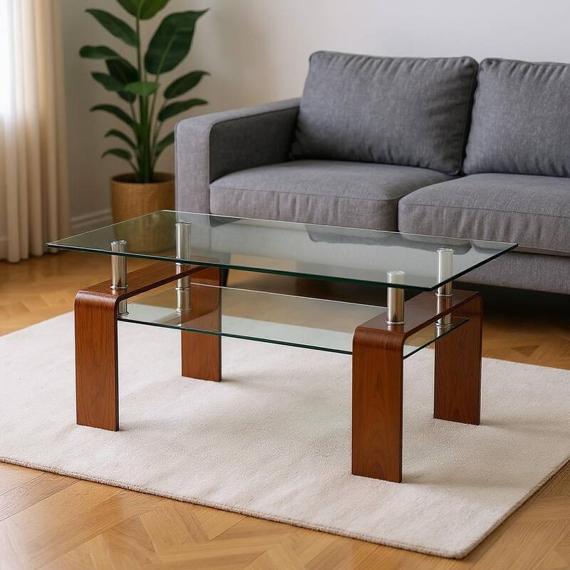 HomeRoots 39" Clear and Brown Glass Coffee Table With Shelf - 39.30 in. x 17.70 in. x 21.60 in. - Clear