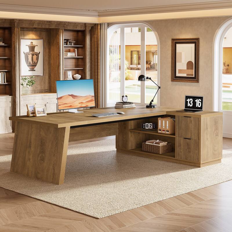 78" L-Shaped Executive Desk with File Cabinet & Shelves, Home Office