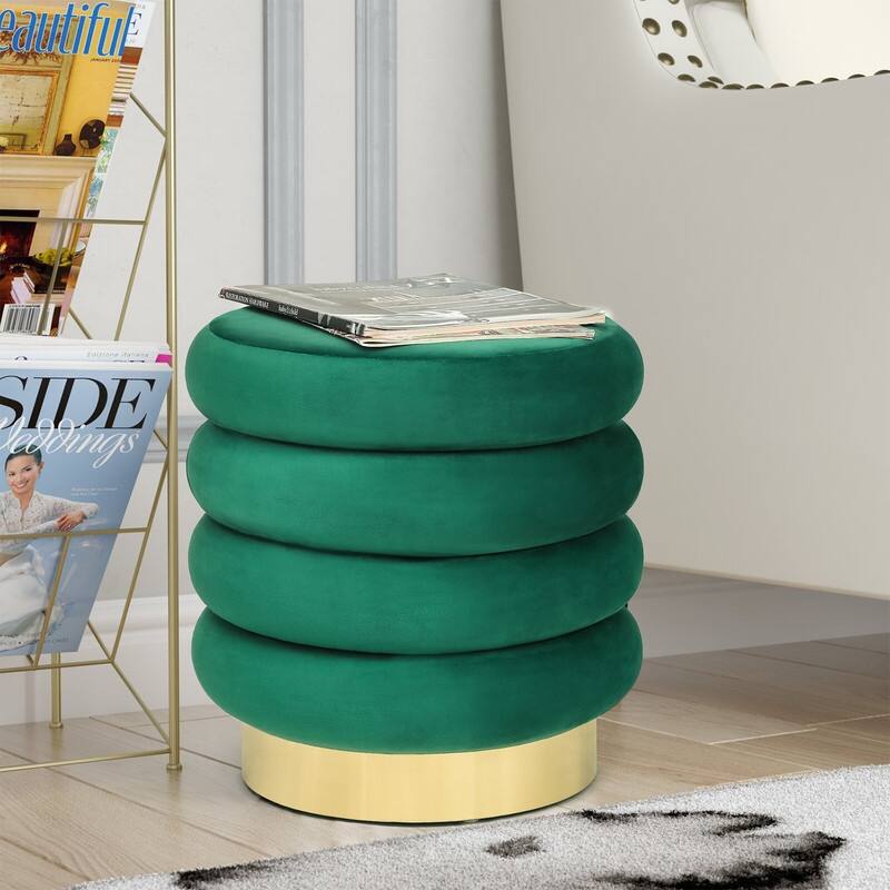 Adeco Velvet Round Storage Ottoman Side Table with Comfortable Seating