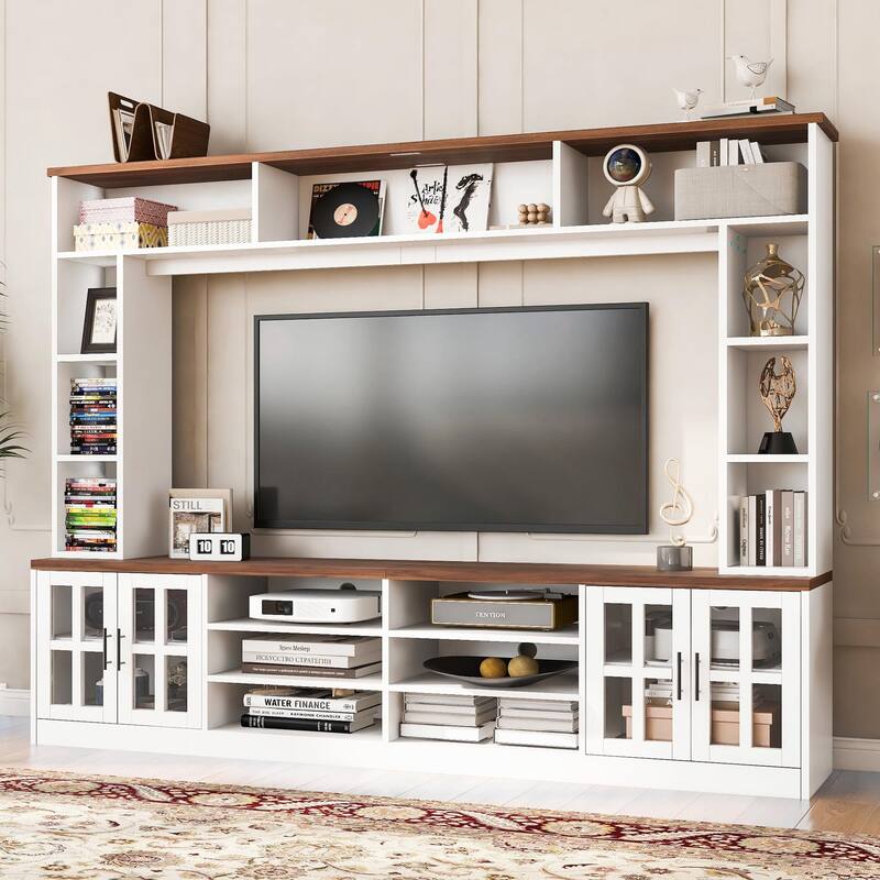 Modern 95.5" Wall Unit TV Stand for TVs up to 80" with Bookshelves, Cabinets, Glass Doors