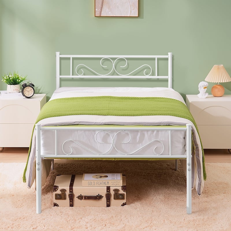 Javlergo Victorian Style Modern Metal Platform Bed Frame with Headboard and Footboard No Box Spring Needed - White - Twin