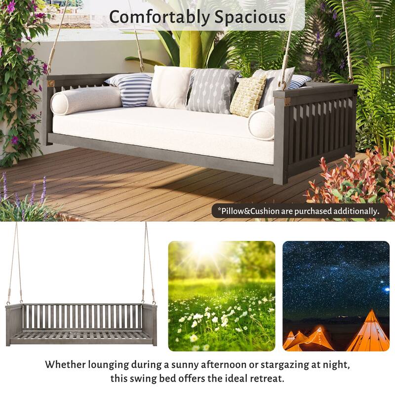 Acacia Wood Twin Size Patio Swing Bed, Outdoor Porch Hanging Bed with Safe Sloped Design and Hemp Ropes for Garden or Backyard
