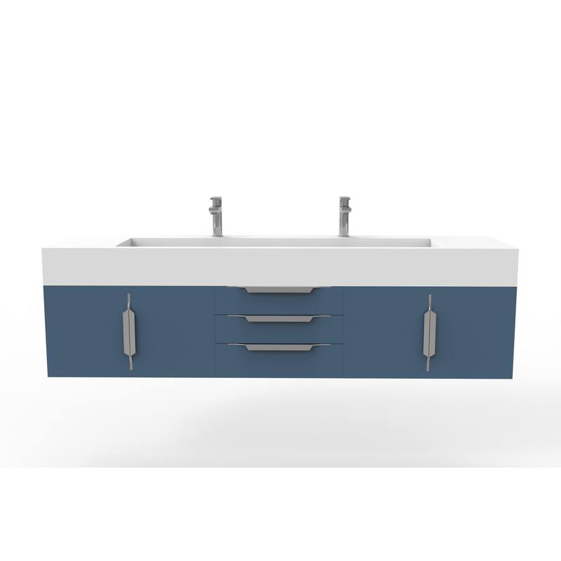 Nile 72" Wall Mounted Bathroom Vanity Set w/ White Top - Blue - Brushed Nickel Finish