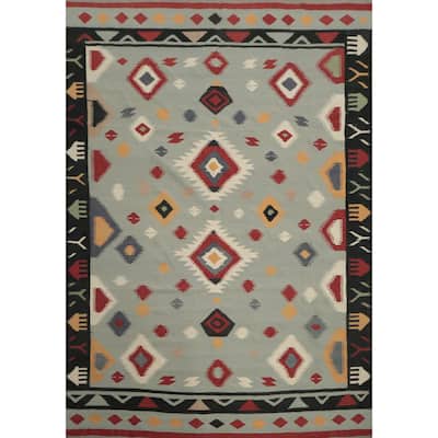 Hand Woven Oriental 100% Wool Carpet Southwestern Tribal Greys & Charcoal Kilim Area Rug - 10' 3'' X 8' 5''