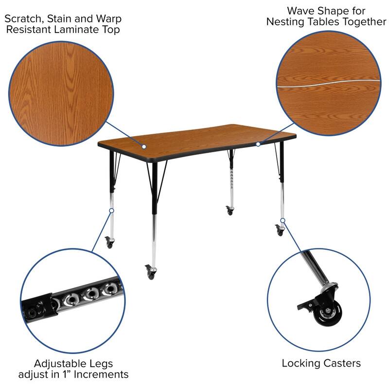 Mobile 28"Wx47.5"L Rectangular Wave Collaborative Grey Adjustable Activity Table