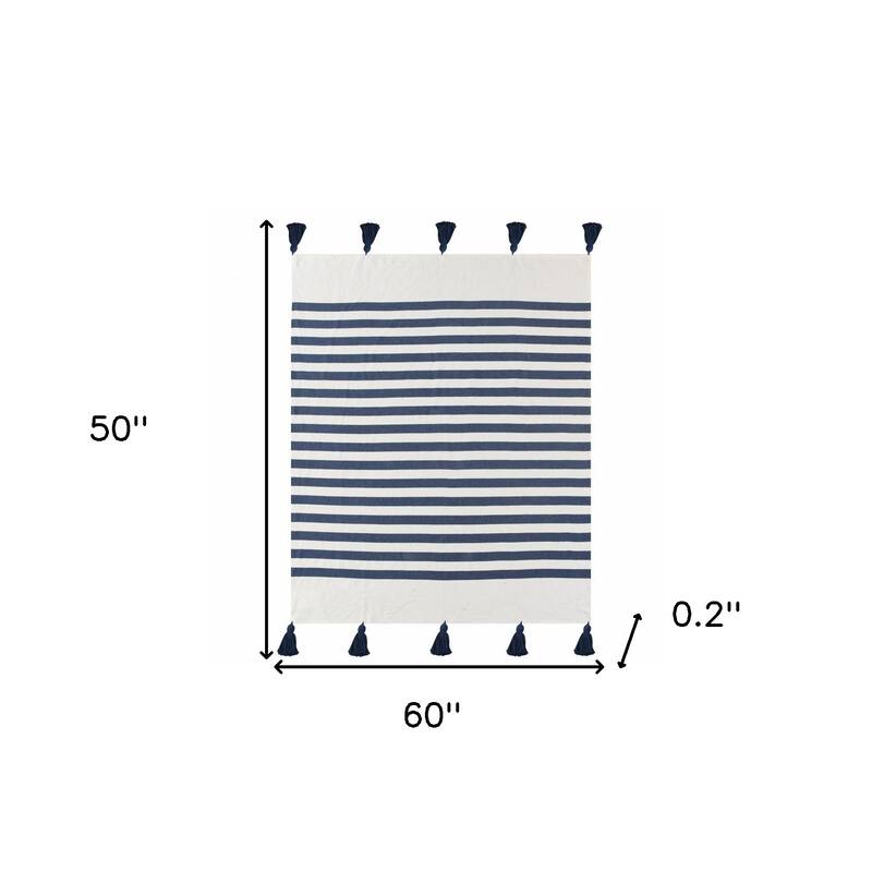 HomeRoots 50" X 60" Navy Blue And White Striped Cotton Throw Blanket