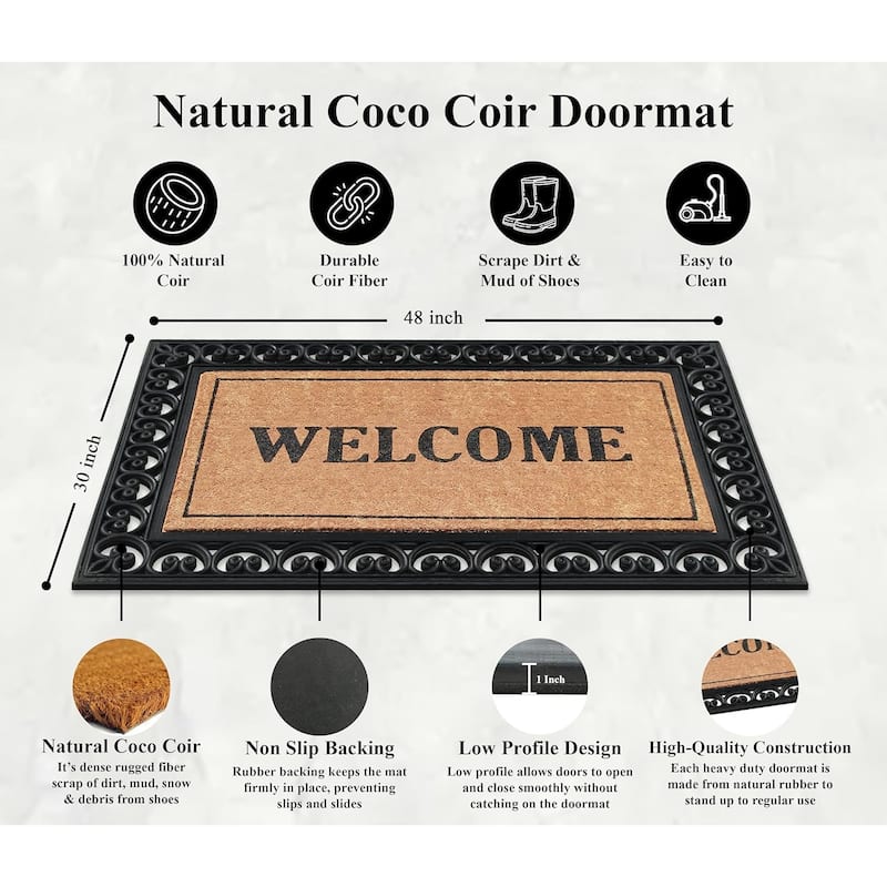 A1HC Rubber and Coir Welcome Classic Paisley Border Double Door Doormat , Black - 30"X48"