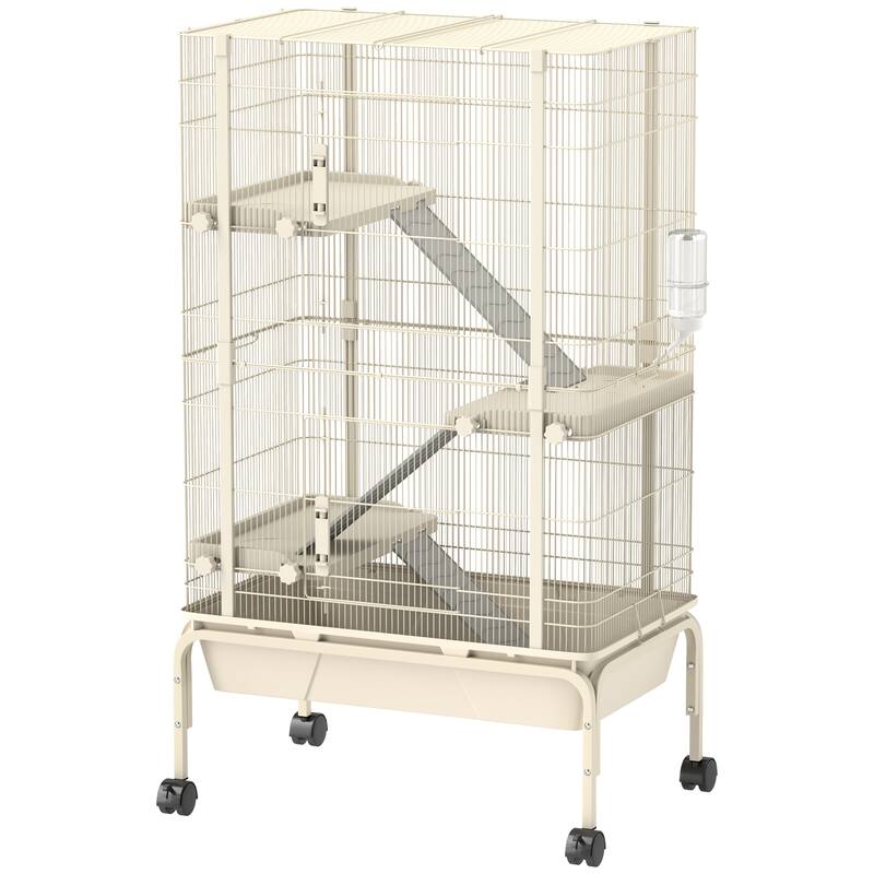 PawHut 47" Small Animal Cage, 4 Levels Large Rolling Metal Ferret Chinchilla Rabbit Cage with 5.9" Deep Tray, 3 Ramps, Beige - Beige