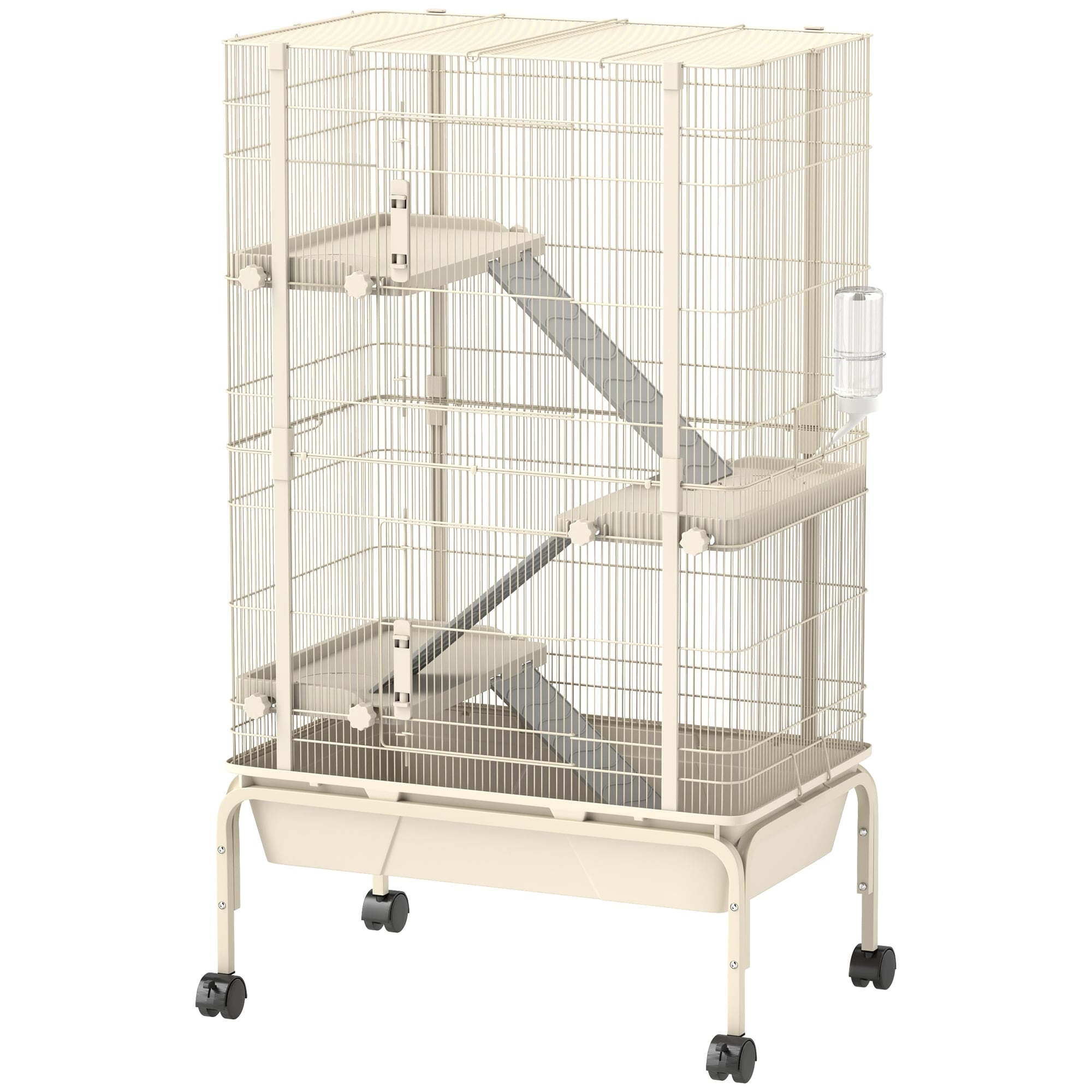 PawHut 47" Small Animal Cage, 4 Levels Large Rolling Metal Ferret Chinchilla Rabbit Cage with 5.9" Deep Tray, 3 Ramps, Beige