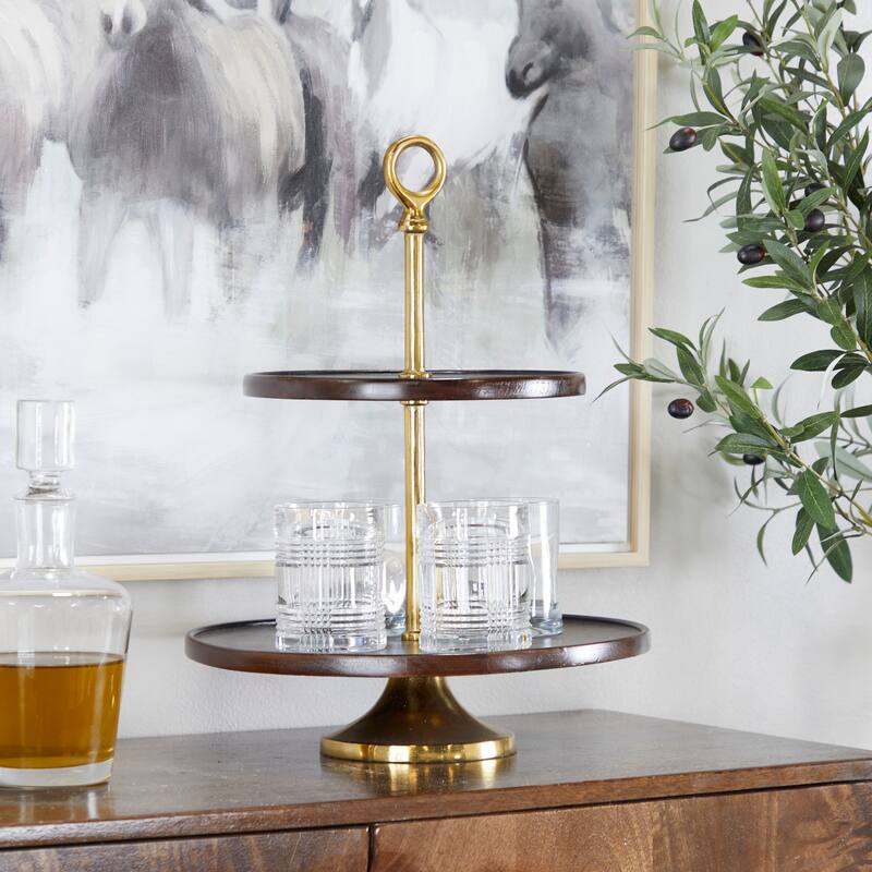 Dark Brown Mango Wood Tiered Server with Aluminum Bases or Gold Stand - 2 Tier or 3 Tier - Dark Brown & Gold - 2 Levels