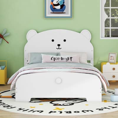 Full Size Wood Platform Bed with Bear-Shaped Headboard