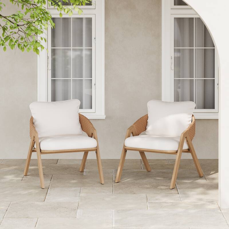 Roomfitters Outdoor Patio Chairs with Cushions, Acacia Frame Woven Rope Design, Set of 2