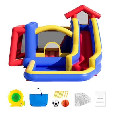 Inflatable Outdoor Trampoline Jumping Bouncer House with Blower Slide and Storage Bag - 131.1” x 133.1” x 90.6”