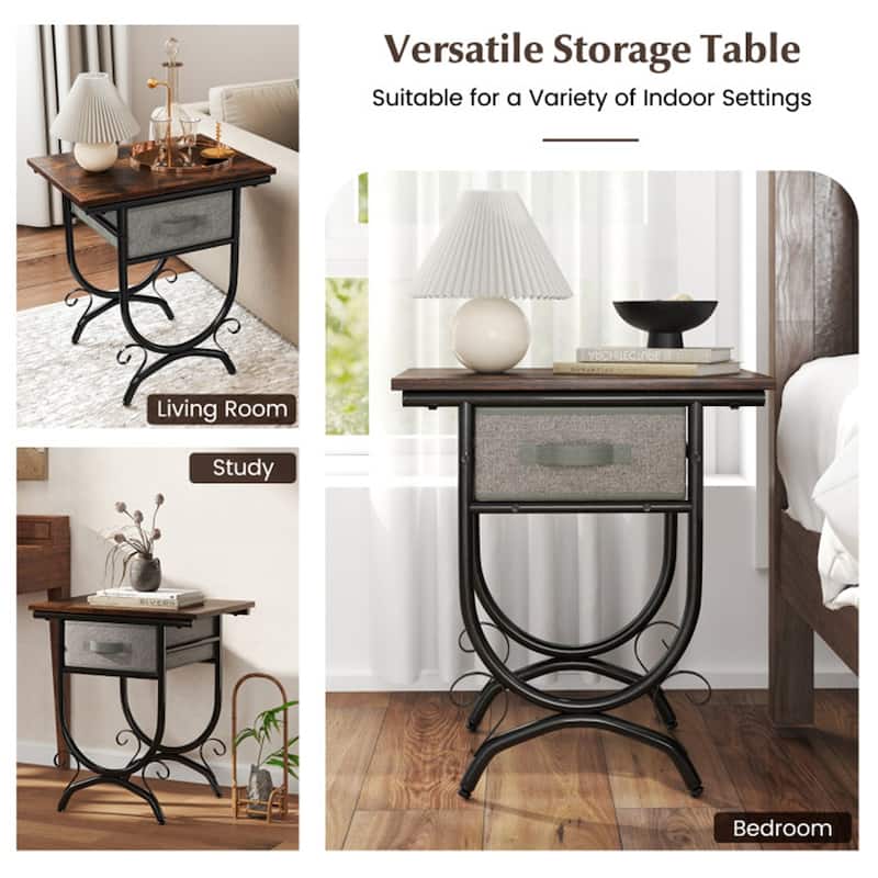 Black and Gray Side Table with Foldable Fabric Drawer Metal and Engineered Wood Storage End Table - 19" x 14" x 21"
