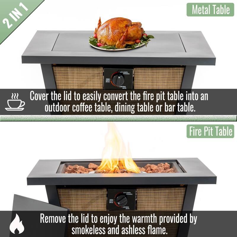 GDFStudio - Modern Outdoor 28" Propane Gas Fire Pit Table with Hidden Tank Storage & Removable Steel Lid, Cover Included