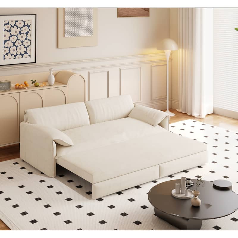66" Queen Velvet Pull Out Sofa Bed w/ Side Storage Multi-Functional Loveseat Bed for Living Room Office - White