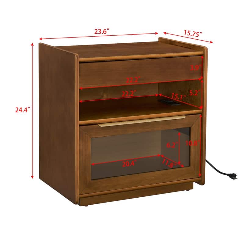 Mid-Century Modern Nightstand with USB Charging Station‌ - End Table Featuring 2 Drawers, Open Shelf & Glass-Front Cabinet