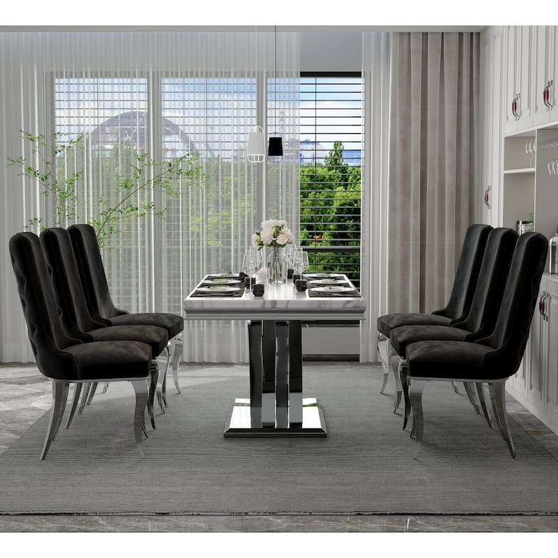 Silver Dining Room Table Set with 65 inch Table and Black Velvet Dining Chairs