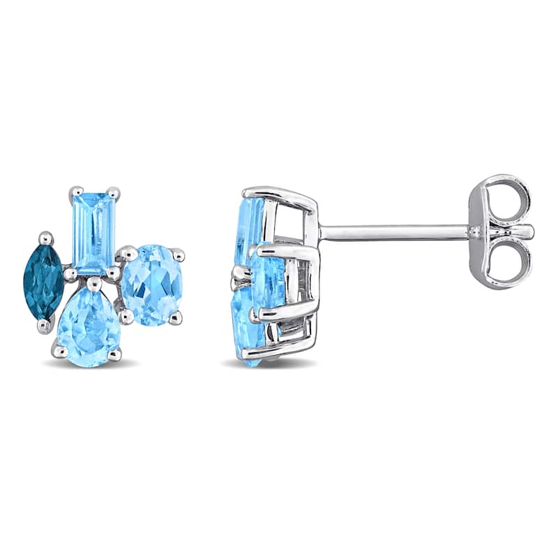 Miadora Multi-Gem Cluster Stud Earrings Sterling Silver - Blue