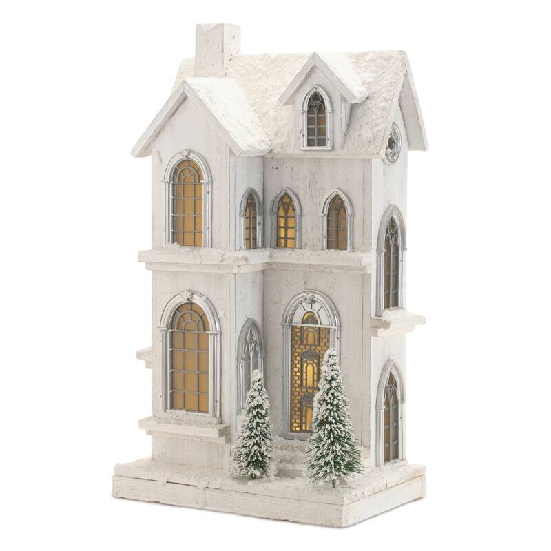 LED Lighted Flocked Wooden House Christmas Decoration - 21.75" - White