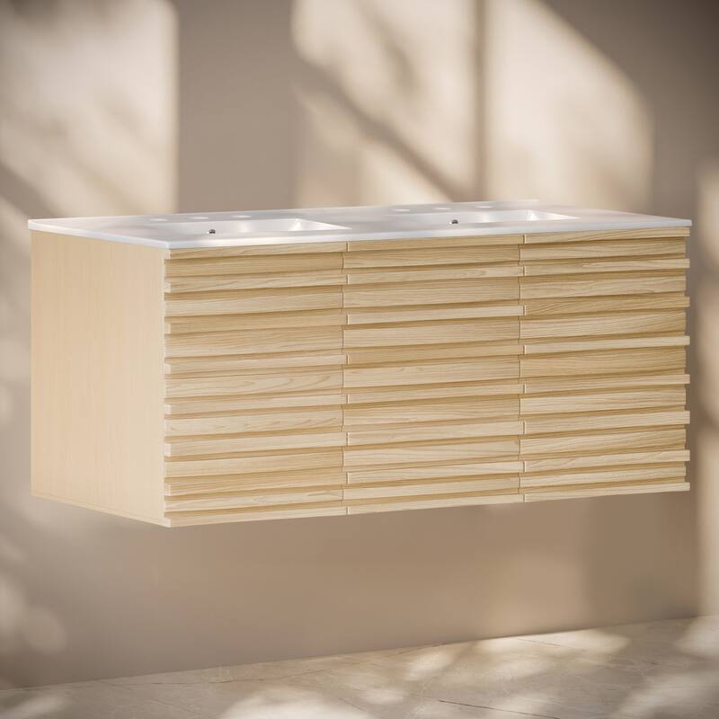 Cascade 48" Wall-Mounted Bathroom Vanity In Natural Oak With 3-Hole Widespread Double Basin Sink Top - 48