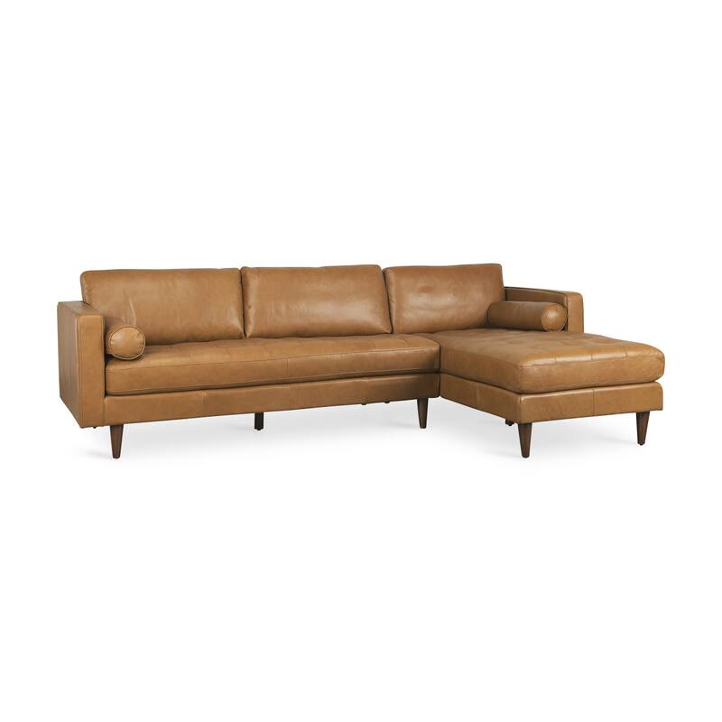 HomeRoots Tan Genuine Leather L Shaped Sofa and Chaise Sectional With Toss Pillows