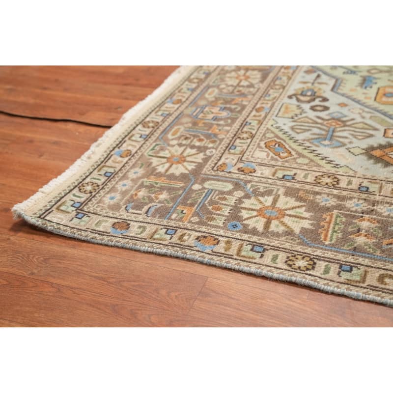 Hand Knotted Oriental 100% Wool Carpet Traditional Medallion Green Tabriz Area Rug - 9' 10'' X 6' 6''