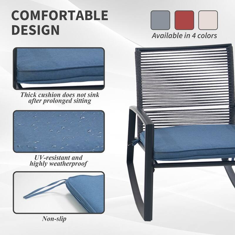 Domi Outdoor 3-Piece Wicker Rocking Chair Set, Patio Conversation Set with Removable Textilene Cushions & Metal Coffee Table