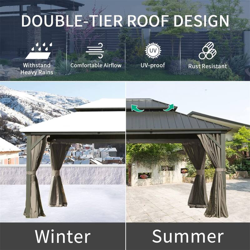 GDFStudio - Madison Grove 12x14 Hardtop Gazebo with Double Roof, Curtains & Netting for Patio and Backyard