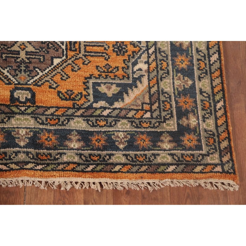 Geometric Kazak Accent Rug Handmade Oriental Orange Wool Carpet - 4'0"x 5'11"