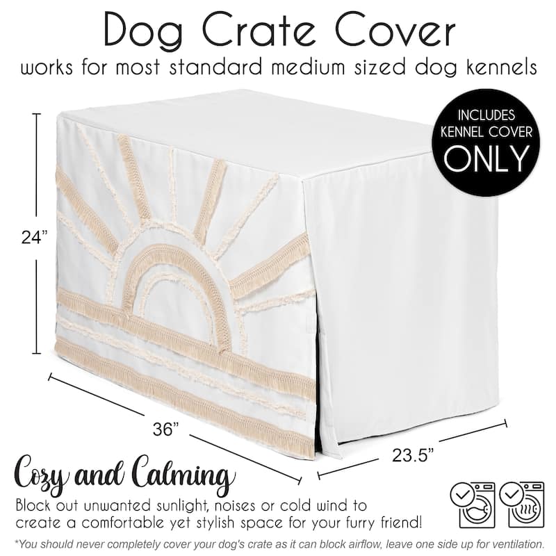Sweet Jojo Designs Ivory Boho Chic Sun Dog Crate Kennel Cover 36in. Off White Cotton Bohemian Farmhouse Shabby Southwestern Tuft