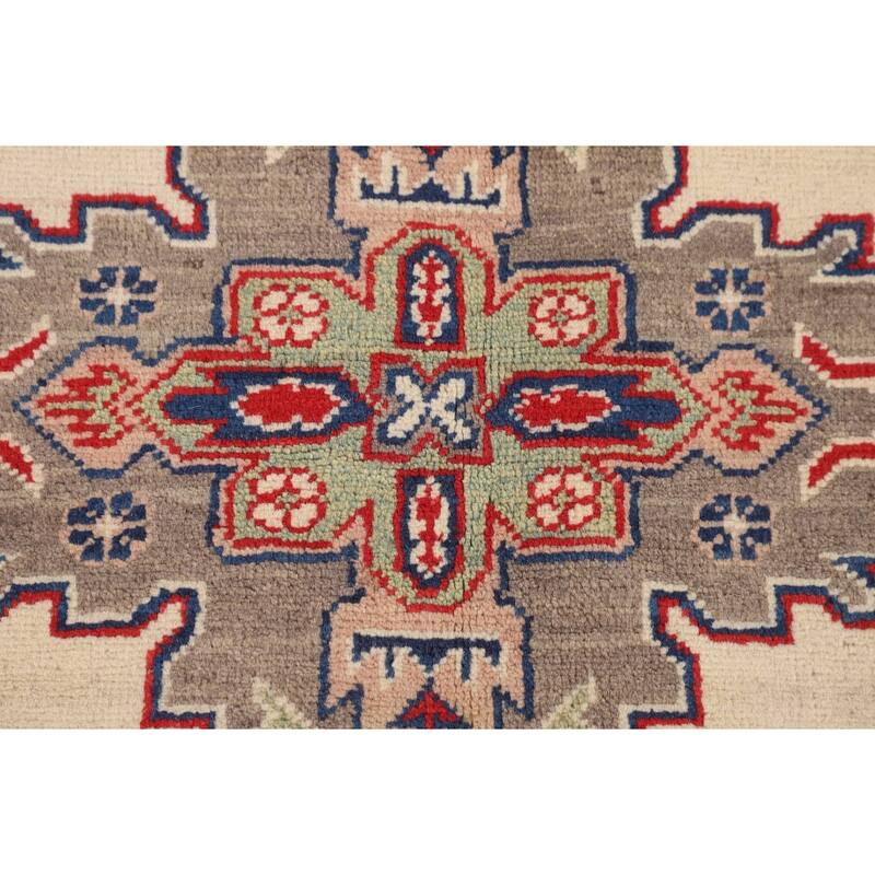 Kazak Oriental Area Rug Hand-Knotted Beige Geometric Wool Carpet - 5'1" x 6'7"