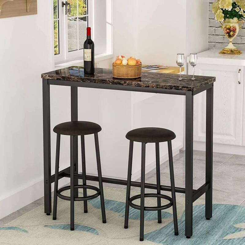 3 Piece Kitchen Pub Dining Set, Modern Faux Marble Counter Height Bistro Bar Table Set with 2 PU Leather Bar Stools