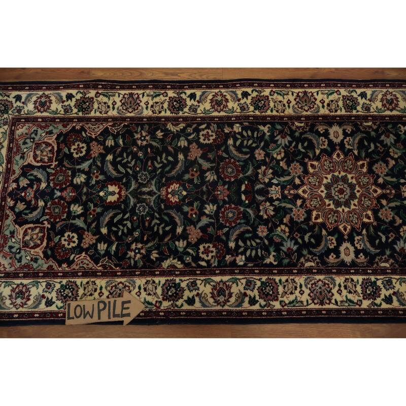Hand Knotted Oriental 100% Wool Carpet Traditional Floral Navy Blue & Blues Kashan Runner Rug - 13' 10'' X 2' 7''