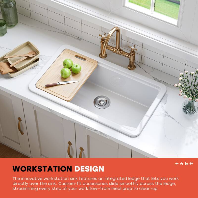 HOROW 33 in. White Ceramic Drop-In Kitchen Sink with Standard & Bottom Grid, Drain, Cutting Board