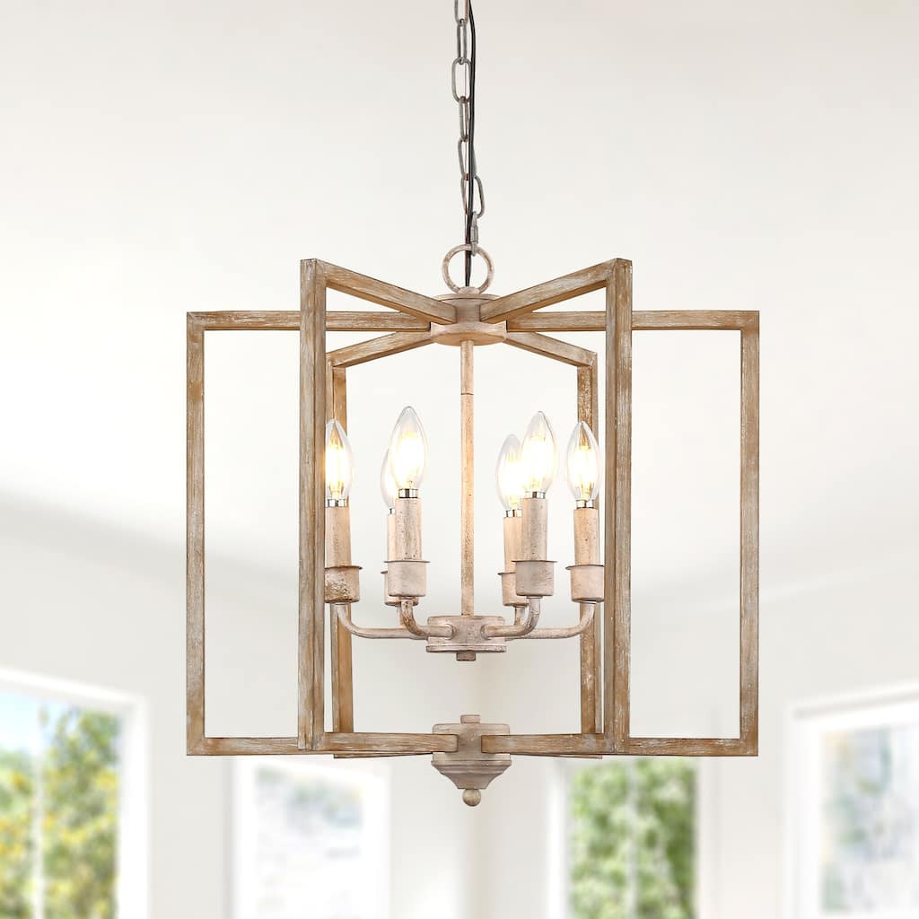 CurveCurio 24" Rustic Wood Chandelier with Candle-Style Light Base and 70" Adjustable Chain for Dining Room Elegance