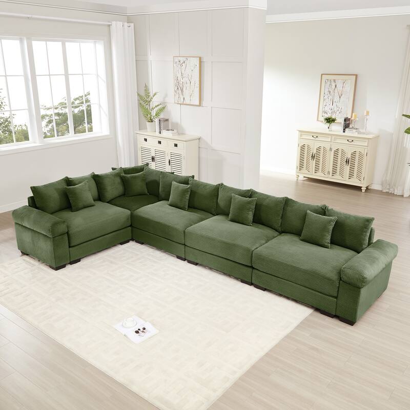 5-Seat Convertible Cloud Corduroy Modular Sofa with 16 Throw Pillows - Green
