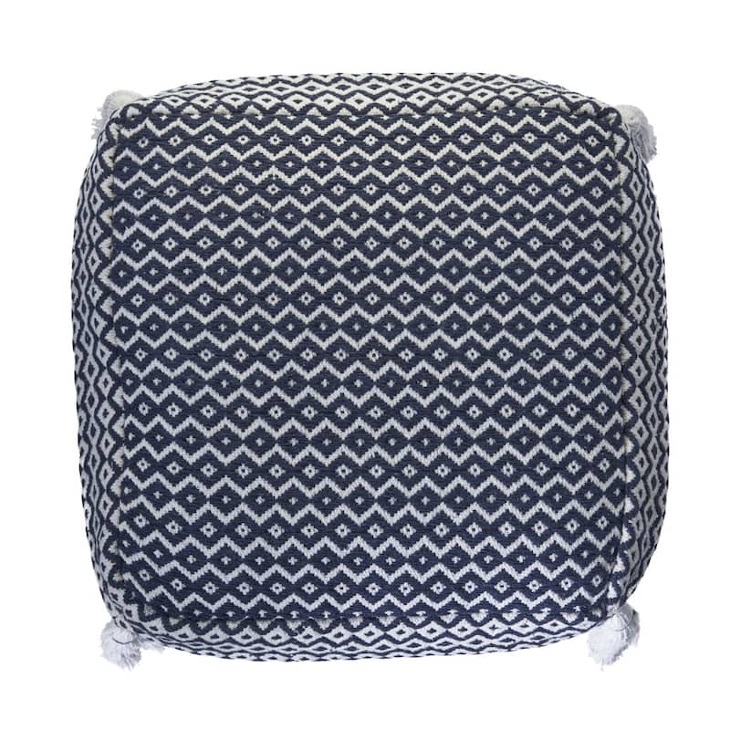 Blue Cotton Pouf Ottoman 18 Inch Geometric Pattern Seat or Footrest
